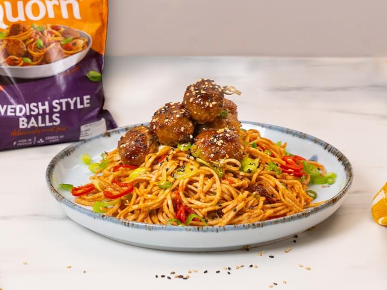 Sesame Glazed Quorn Ball Vegetarian Skewers With Chilli Noodles
