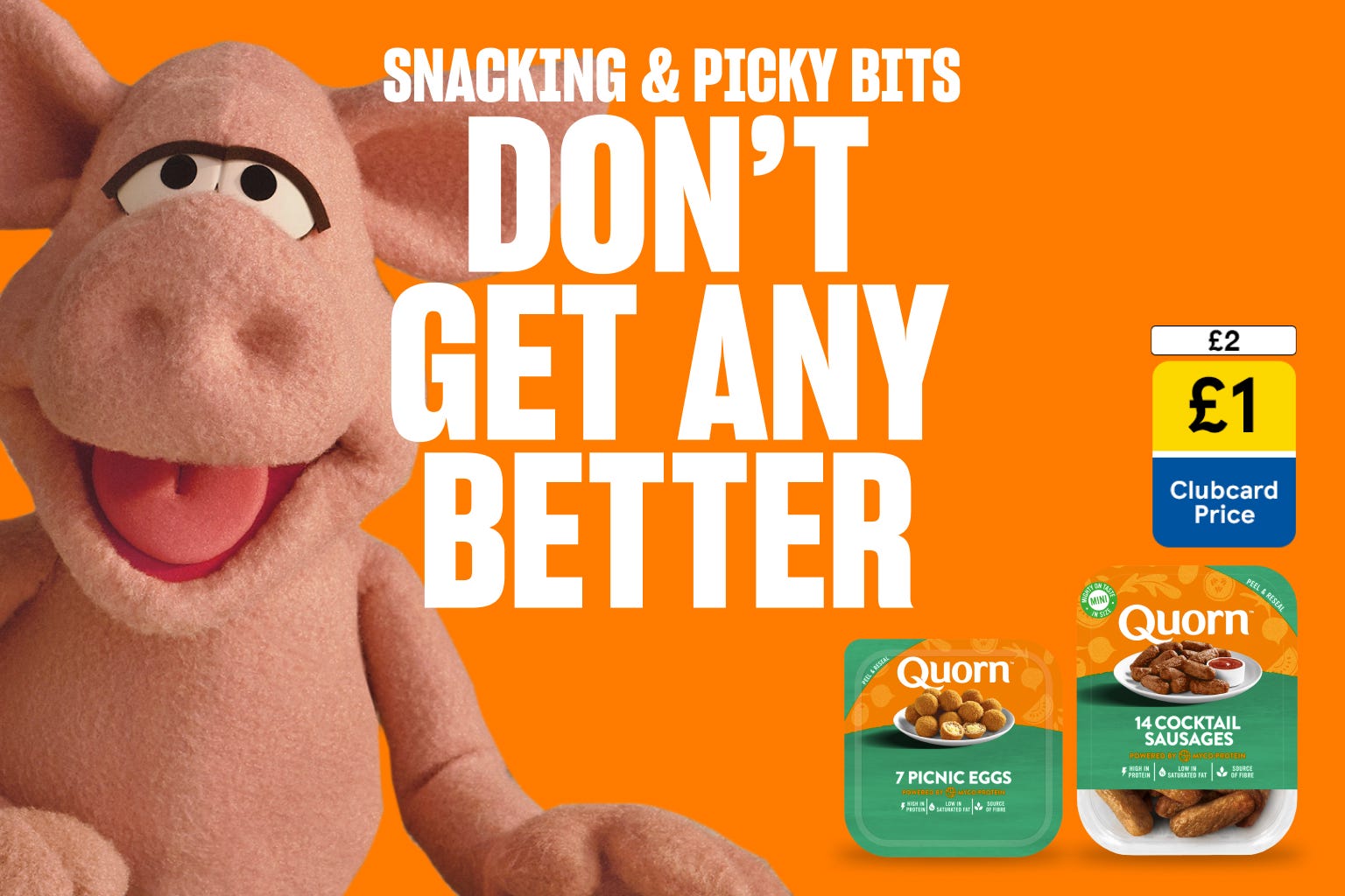 Packaging images of Quorn Picnic Eggs and Quorn Cocktail Sausages with a Tesco Clubcard £1 promotion logo with text ‘Snacking and picky bits don’t get any better’
